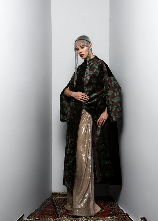 Bakhmal cape and sequin trousers